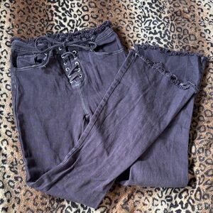 Black Lace-Up Frayed Hem Pants